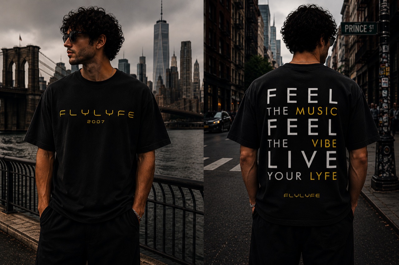 FLYLYFE Feel the Music tee — front and back, worn on a model in NYC