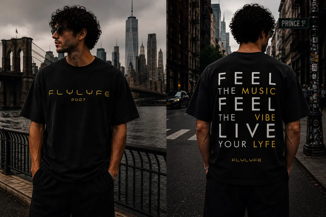 FLYLYFE Feel the Music tee — front and back, worn on a model in NYC