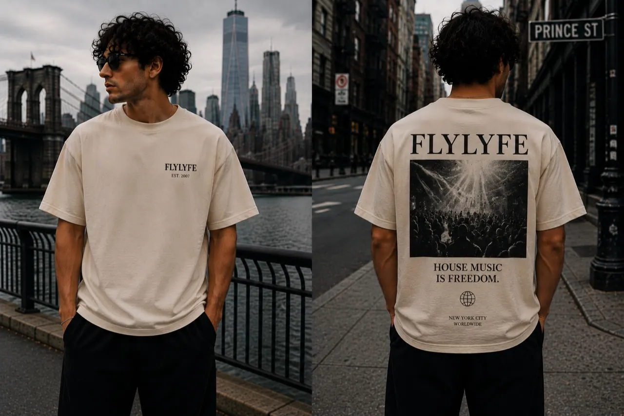 FLYLYFE House Music Is Freedom tee — front and back, worn on a model in NYC