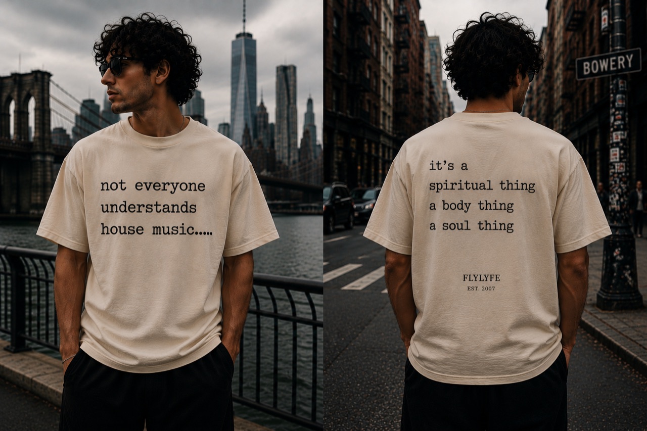 FLYLYFE Spiritual Thing tee — front and back, worn on a model in NYC