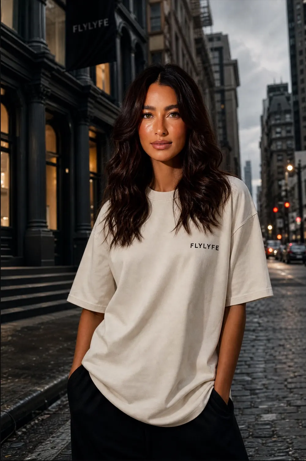 FLYLYFE women's cream relaxed tee, front, worn by model Wren in SoHo NYC