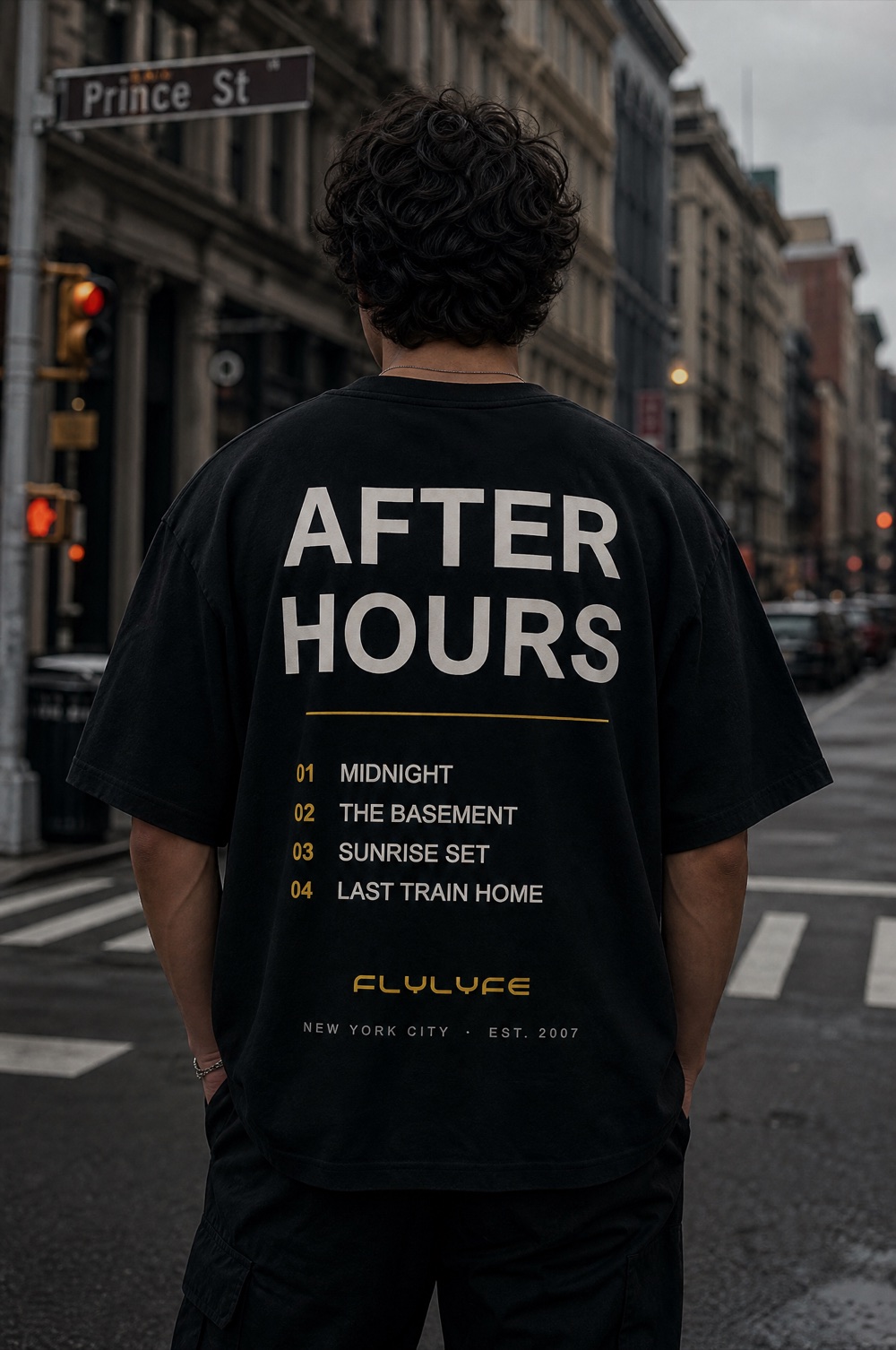 FLYLYFE After Hours tee — set-list back print, worn on a model in NYC